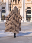 Espresso Mink Long Coat - Regal Swing from the back, showing full-length fur and elegant swing silhouette in a palace-like setting.