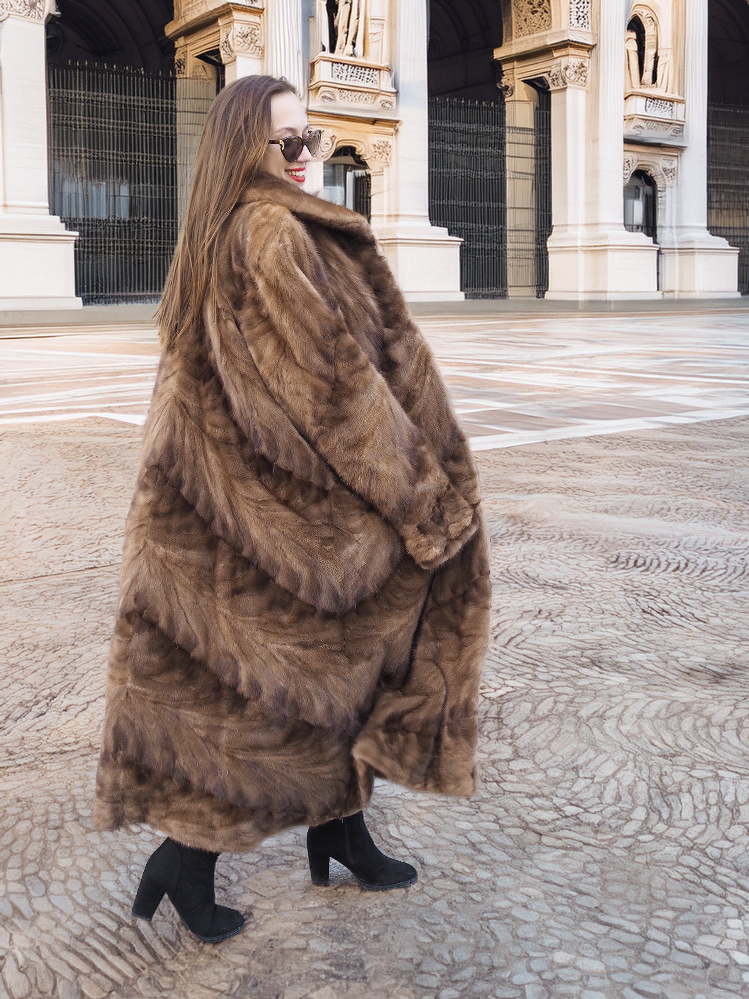 Espresso Mink Long Coat - Regal Swing viewed from the back, emphasizing the coat’s flowing swing cut and natural mink pattern.