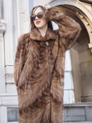 Espresso Mink Long Coat - Regal Swing with a buttoned collar, highlighting rich espresso tones and natural fur texture in close-up view.