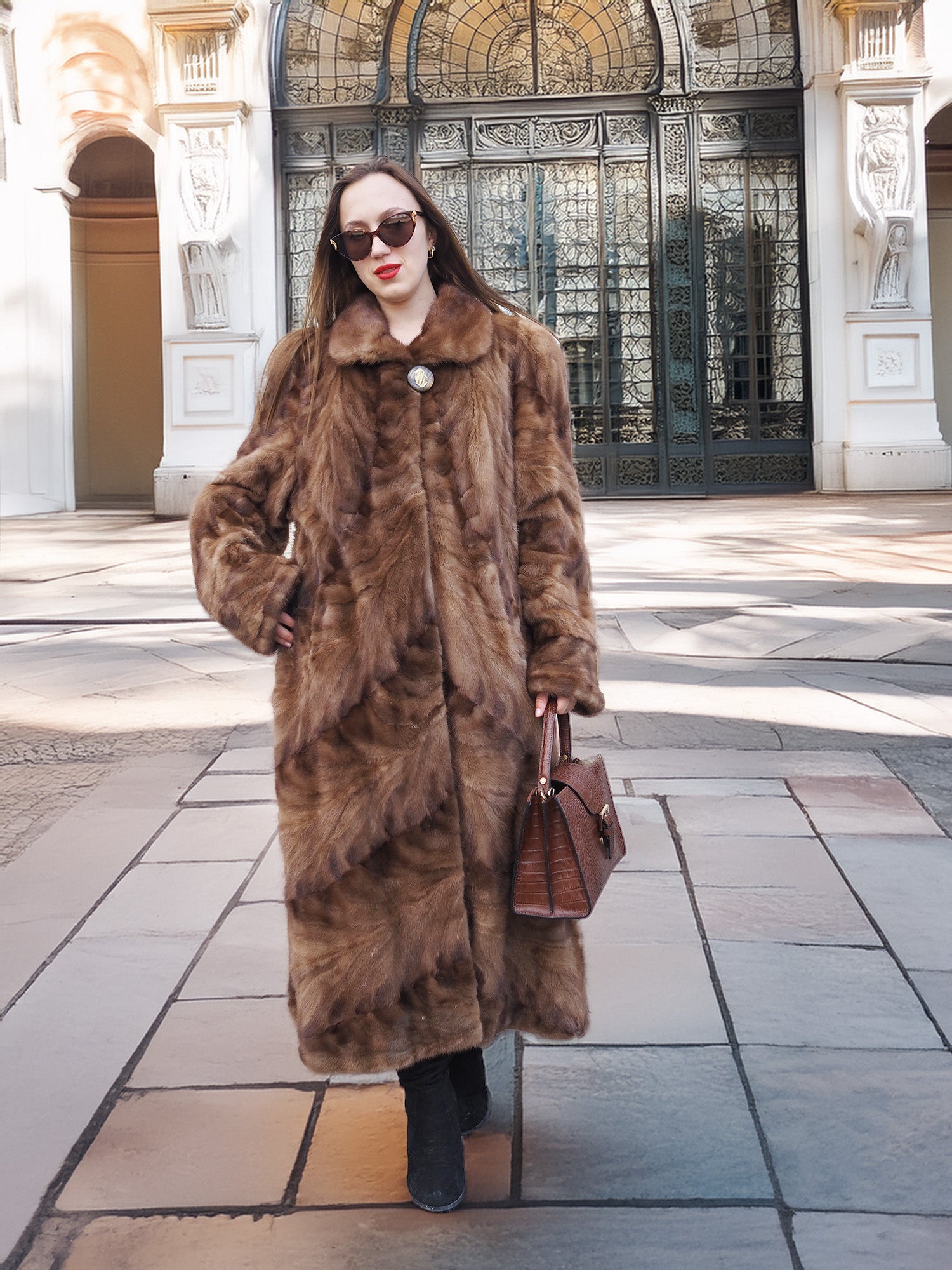 Espresso Mink Long Coat - Regal Swing styled in a cityscape, featuring a single-button collar and elegant fur design for winter fashion.