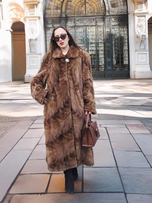 Espresso Mink Long Coat - Regal Swing styled in a cityscape, featuring a single-button collar and elegant fur design for winter fashion.