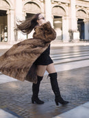 Espresso Mink Long Coat - Regal Swing in motion, revealing paisley lining and dynamic fur flow in luxury outerwear fashion.