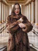 Espresso Mink Long Coat - Regal Swing close-up indoors, showing soft mink texture and plush collar for luxury outerwear appeal.