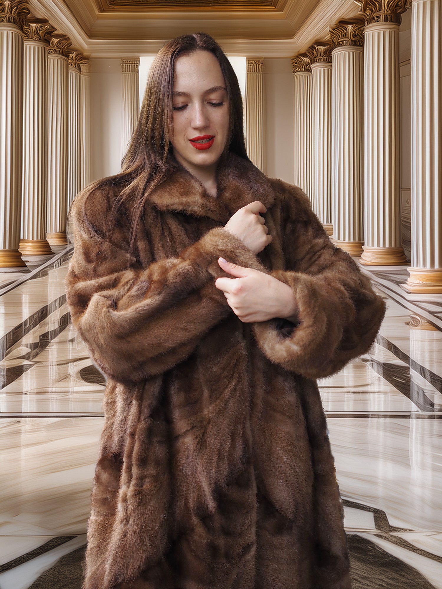 Espresso Mink Long Coat - Regal Swing close-up indoors, showing soft mink texture and plush collar for luxury outerwear appeal.