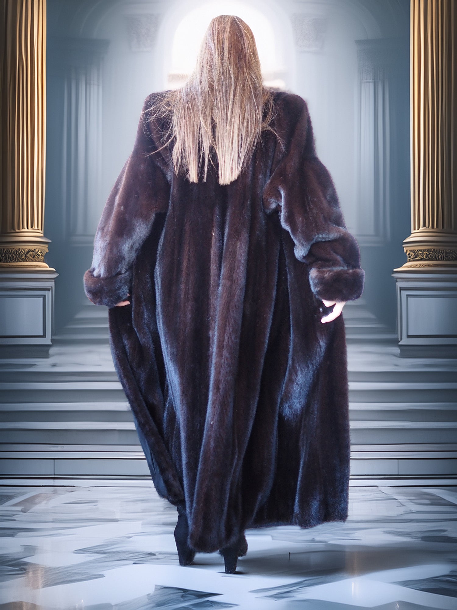 Person wearing a long fur coat in an elegant interior setting with columns.