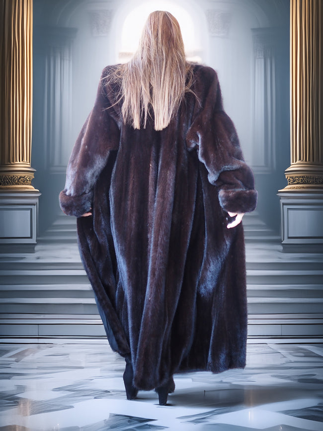 Person wearing a long fur coat in an elegant interior setting with columns.