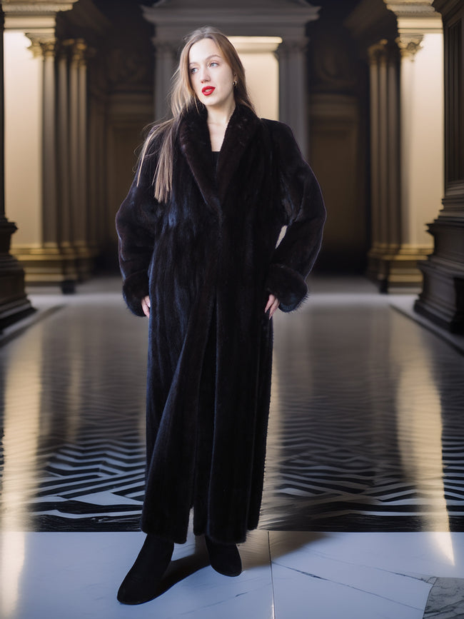 Woman wearing a long black coat in an elegant interior setting