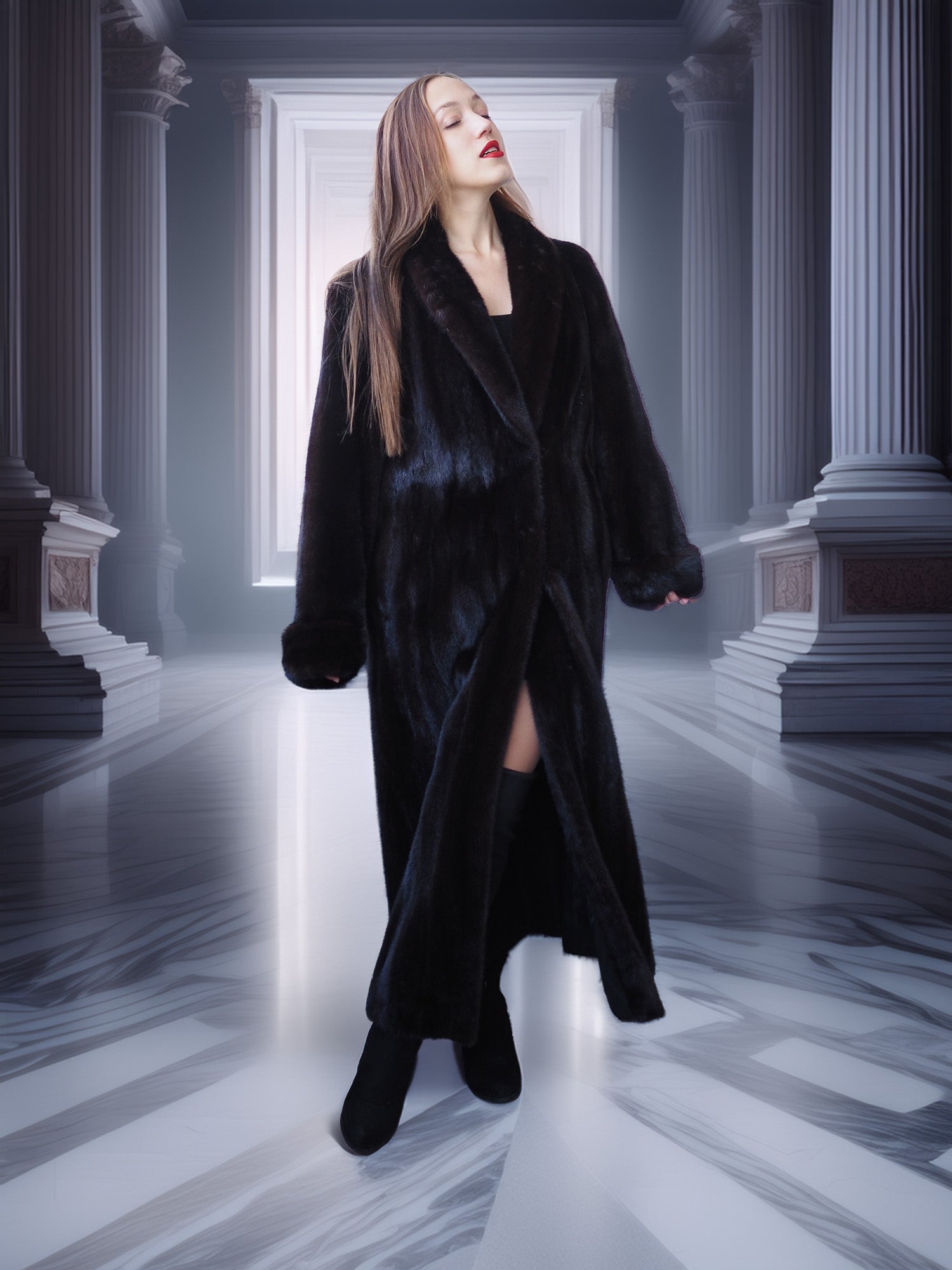 Woman in a long black coat standing in a grand hallway with columns.