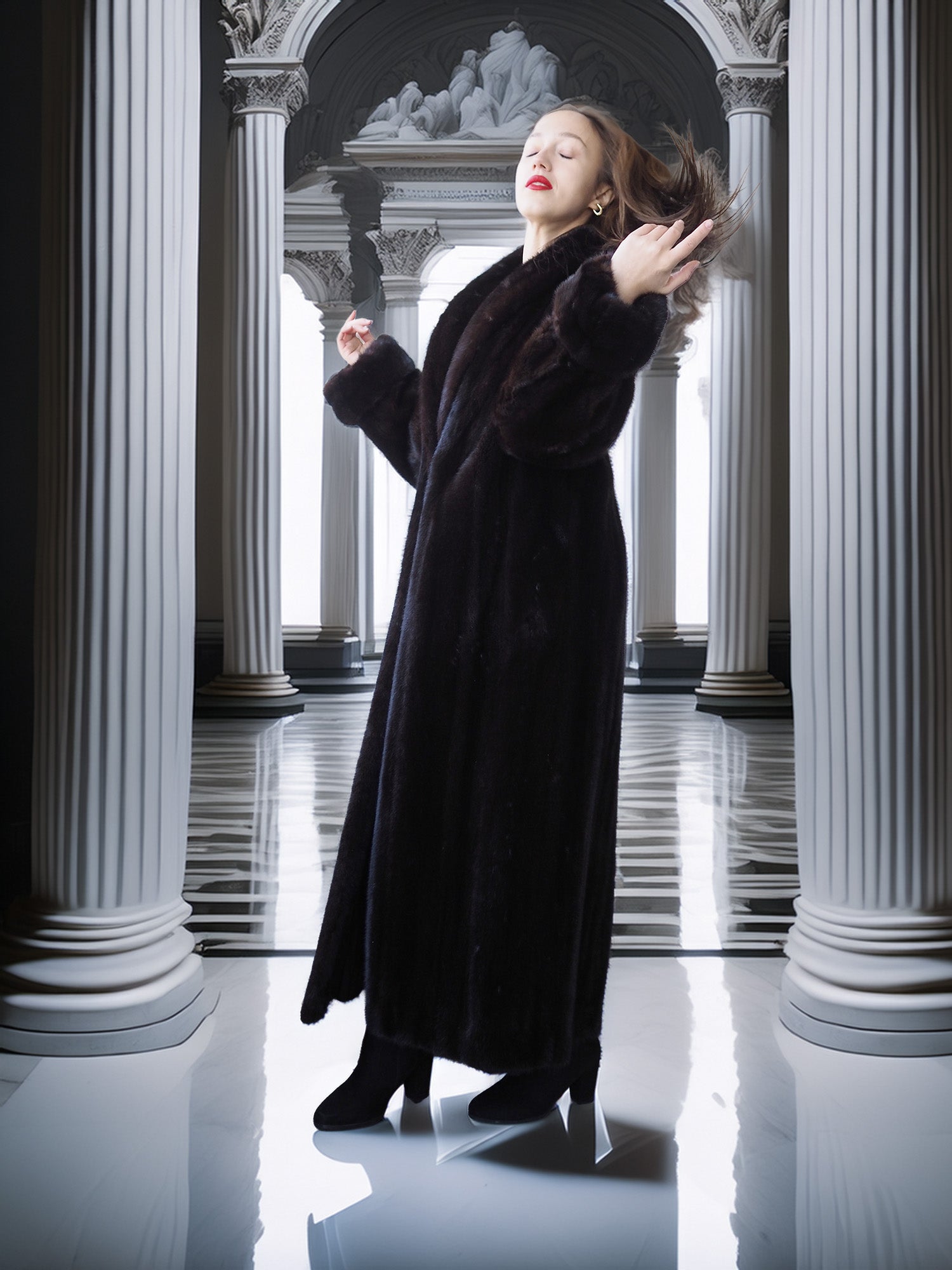 Woman in a long black coat standing in a classical architectural setting with columns.