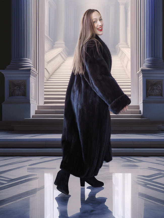 Woman in a long black coat standing in a classical architectural setting