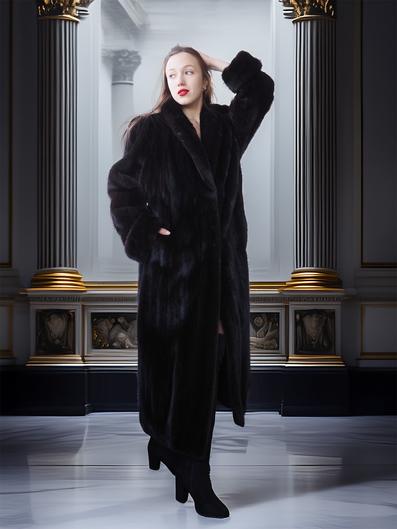 Woman wearing a long black fur coat in an elegant interior setting.