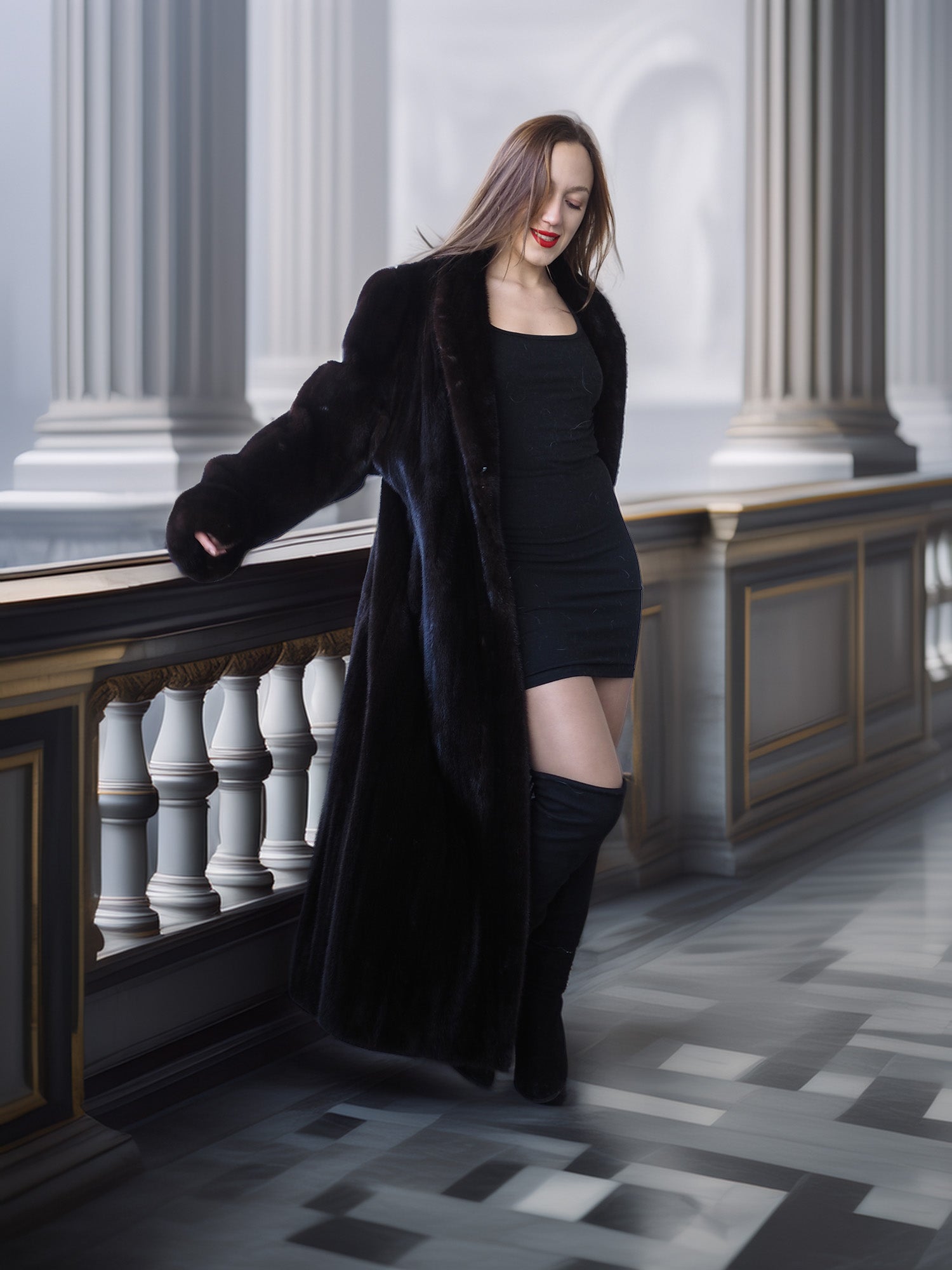 Woman in a long black coat and black dress standing in an elegant interior setting.
