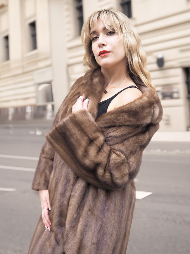 Dark Pastel Canadian Solid Brown Female Mink Fur Coat Coats M/L