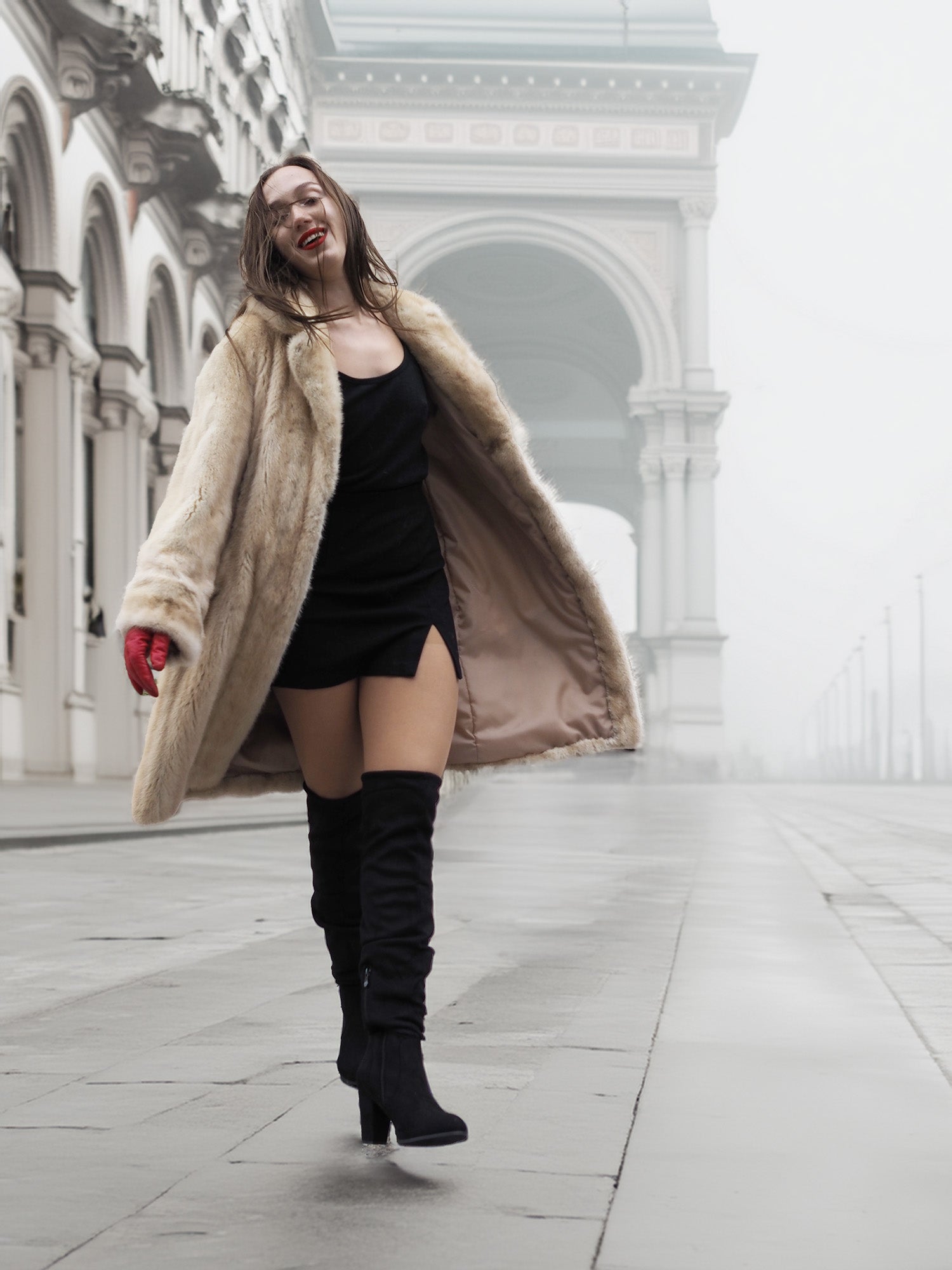 Vintage Beige Pearl Mink Fur Coat S/M flowing open while walking. Elegant mink outerwear for stylish winter movement.