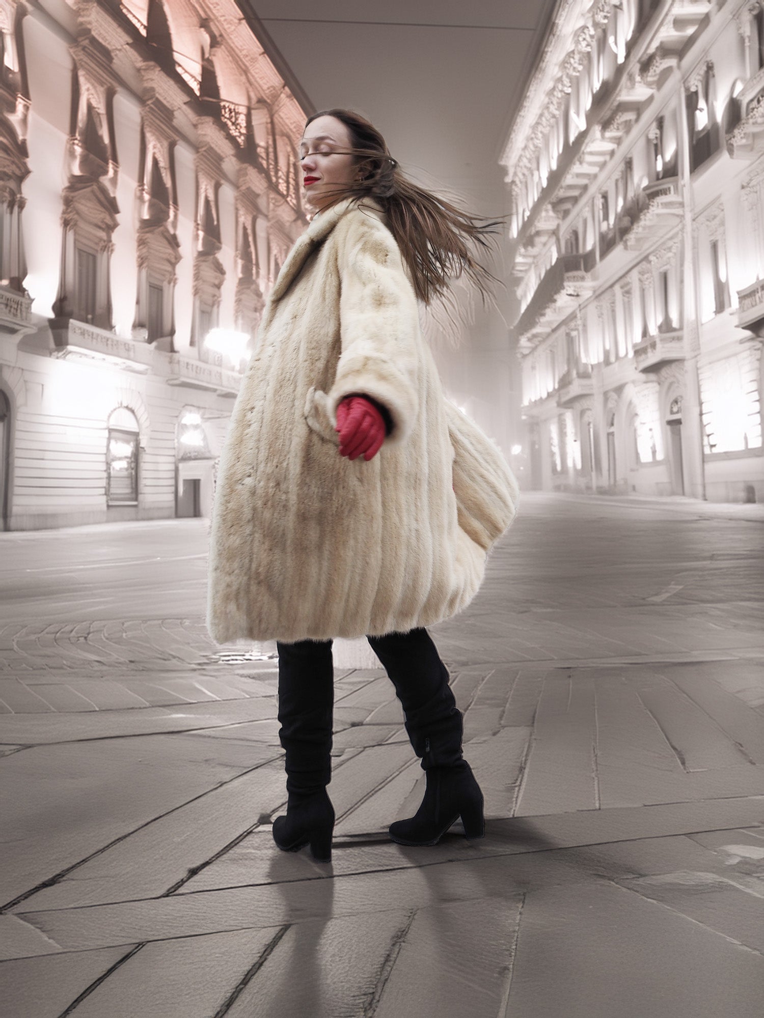 Beige Mink Fur Coat - Vintage Luxury twirling in city lights. Natural fur coat for glamorous winter nights.