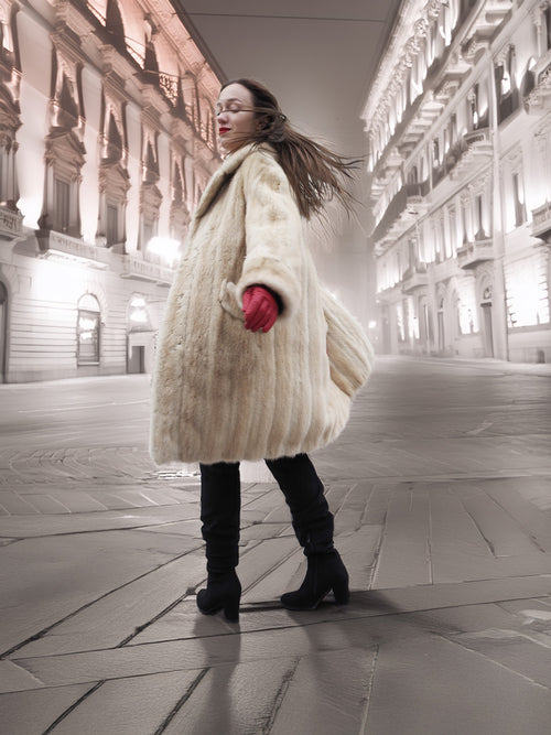 Beige Mink Fur Coat - Vintage Luxury twirling in city lights. Natural fur coat for glamorous winter nights.