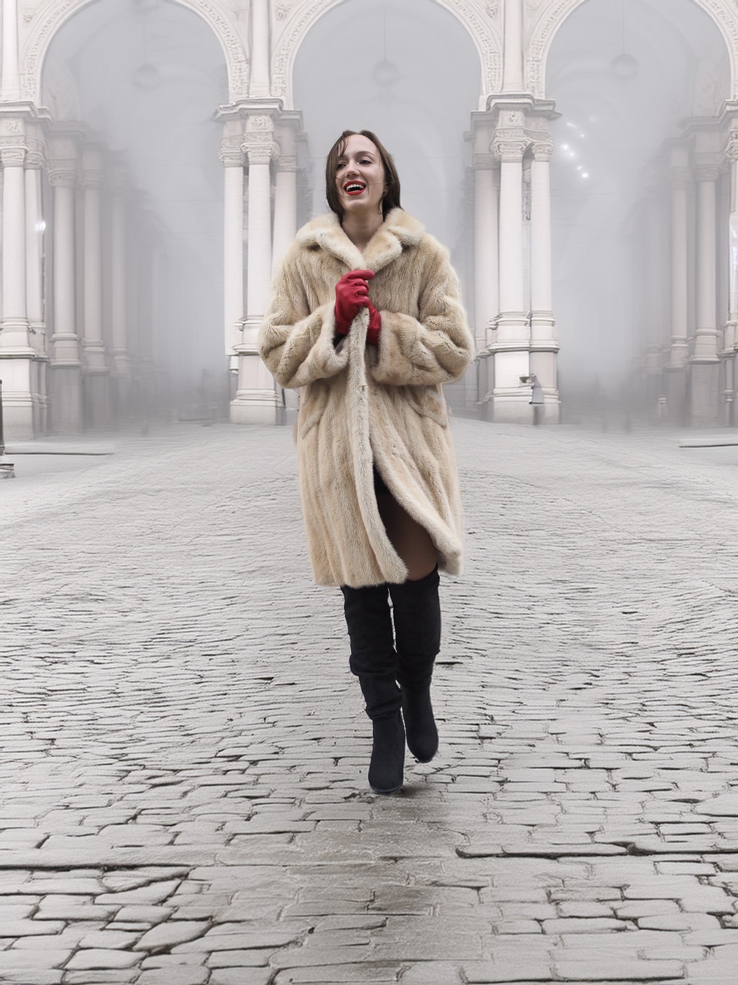 Beige Mink Fur Coat - Vintage Luxury buttoned up in city square. Medium size mink coat for classic winter style.