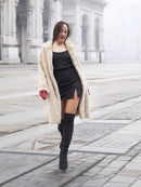 Vintage Beige Pearl Mink Fur Coat S/M styled with red gloves and black dress. Elegant fur outerwear for winter chic.