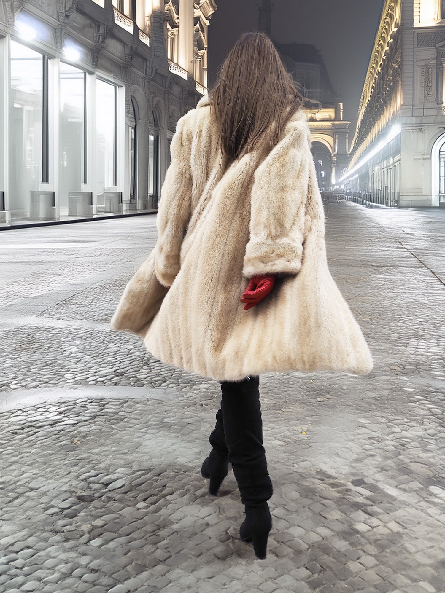 Beige Mink Fur Coat - Vintage Luxury shown from back in motion. Timeless fur coat for elegant winter wardrobes.