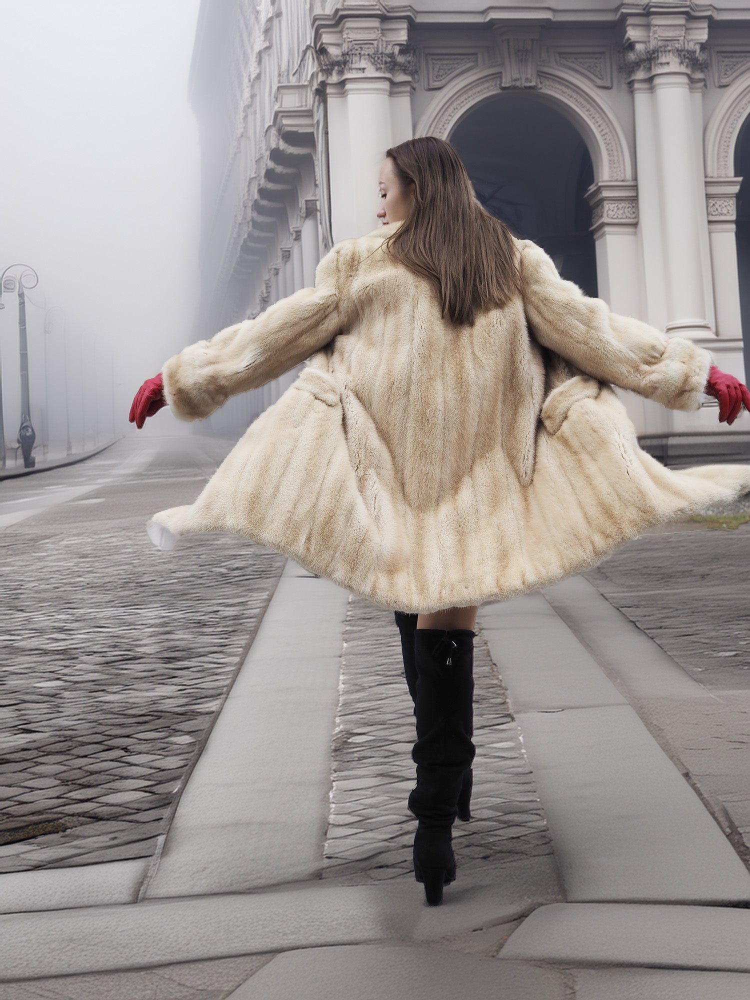 Beige Mink Fur Coat - Vintage Luxury flaring while walking. Elegant fur coat for stylish winter movement.