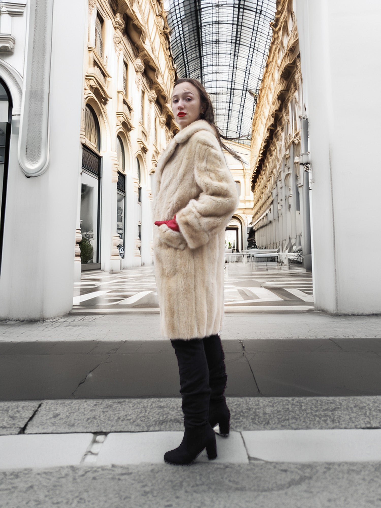 Vintage Beige Pearl Mink Fur Coat S/M side view in architectural setting. Elegant outerwear for luxury winter fashion.