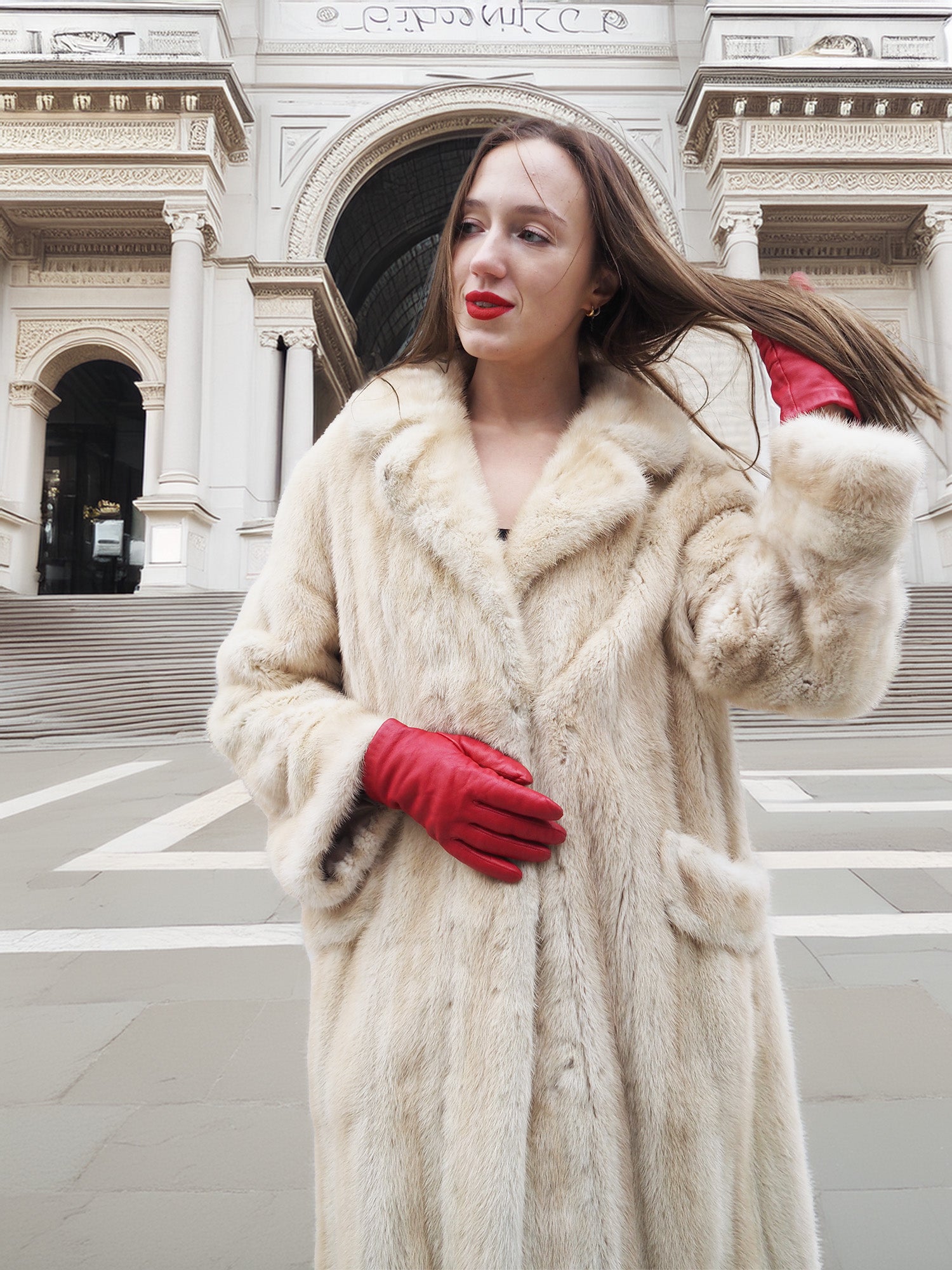 Vintage Beige Pearl Mink Fur Coat S/M with red gloves in front of grand steps. Luxurious outerwear for classic winter fashion.