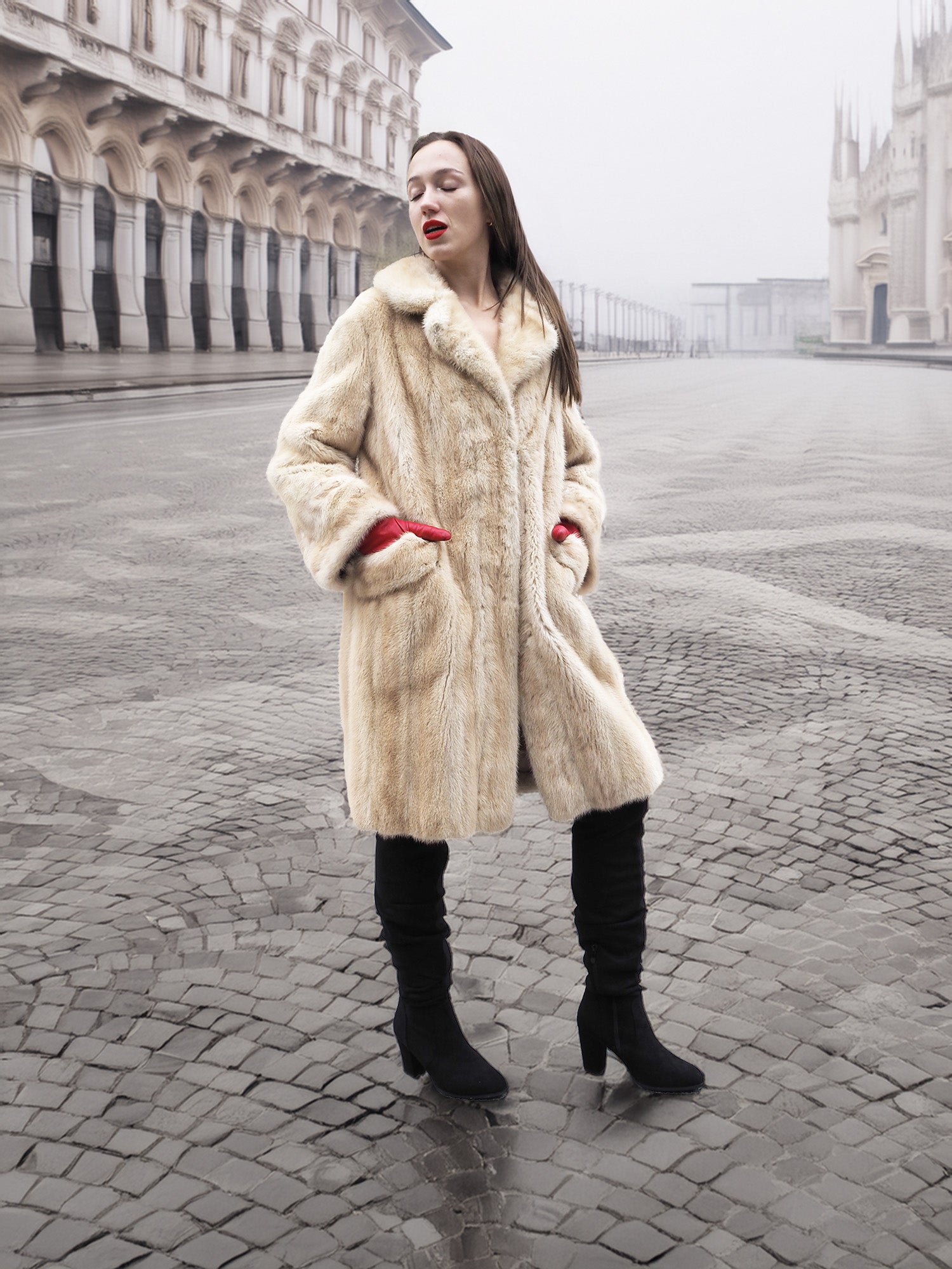 Vintage Beige Pearl Mink Fur Coat S/M with hands in pockets. Luxurious mink fur coat for stylish winter wear.