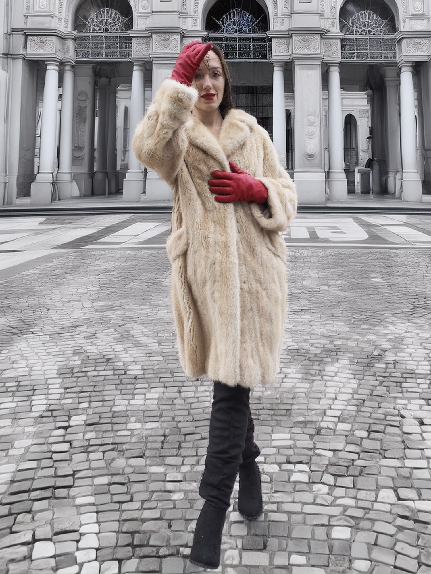 Beige Mink Fur Coat - Vintage Luxury with red gloves in front of classic architecture. Medium size coat for timeless elegance.