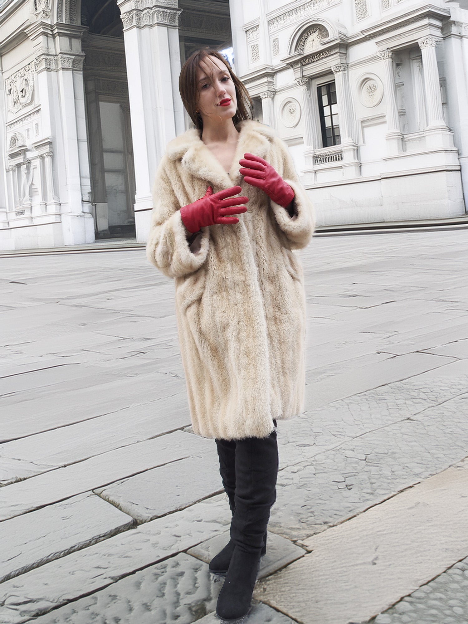Beige Mink Fur Coat - Vintage Luxury paired with black boots. Natural fur coat for elegant cold-weather fashion.