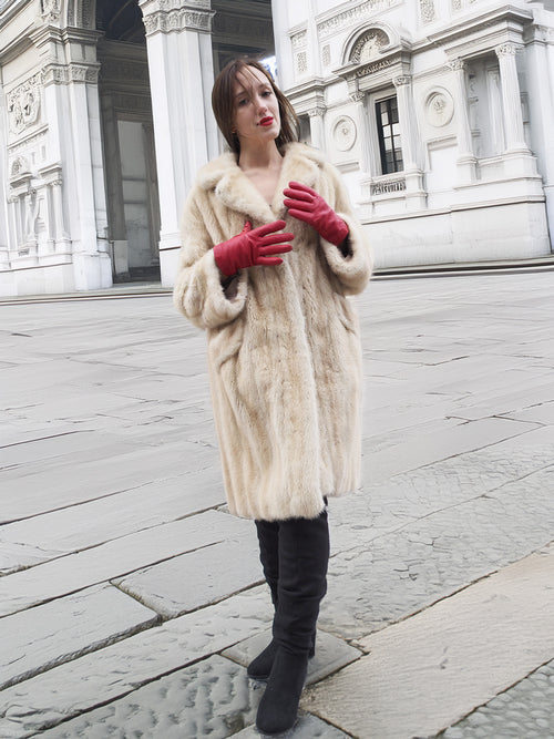 Beige Mink Fur Coat - Vintage Luxury paired with black boots. Natural fur coat for elegant cold-weather fashion.