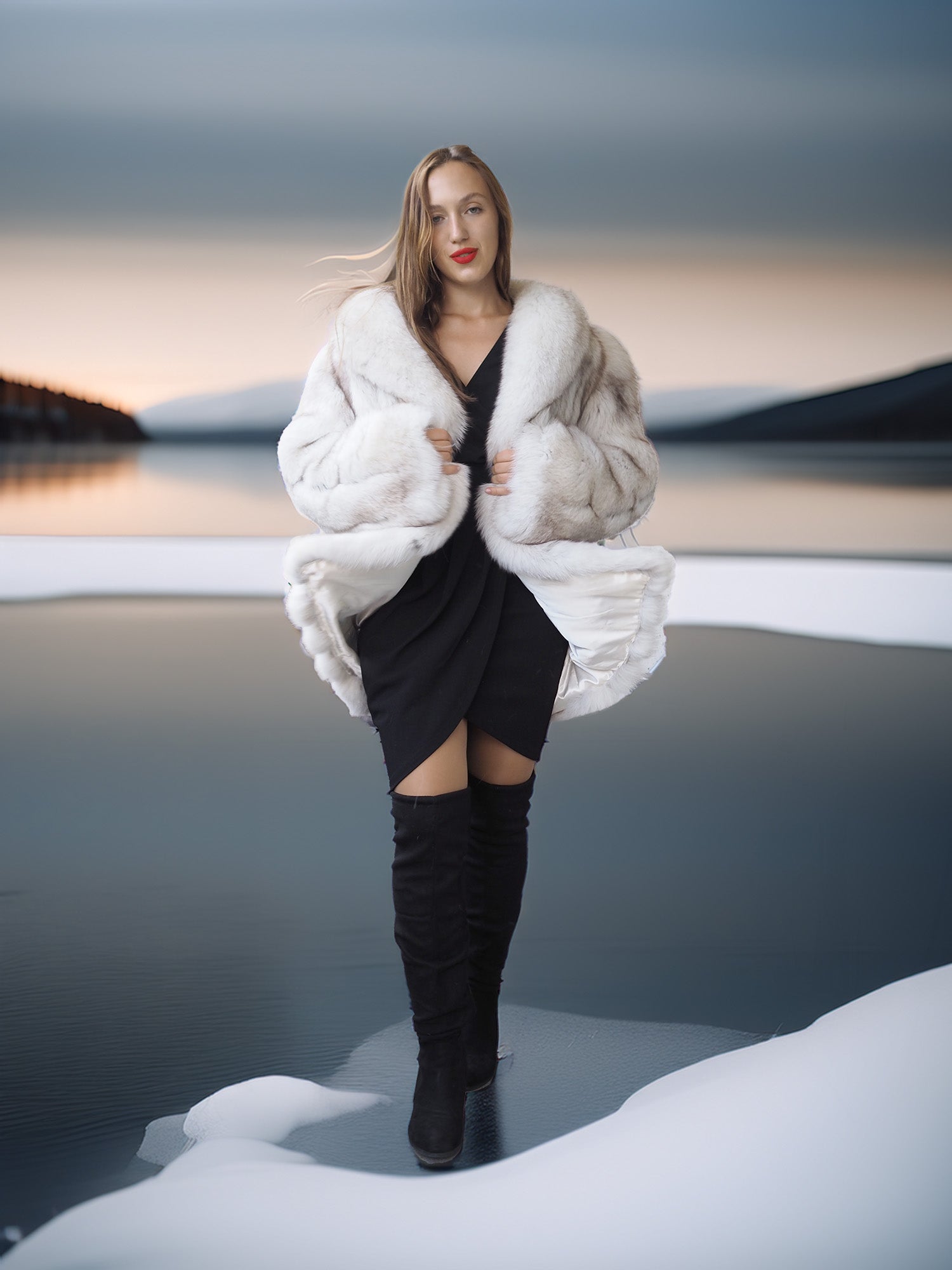 "Ice Blossom" – Pale Blue Fox Fur Coat – Shawl Collar & Lavish Volume