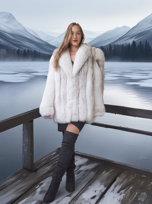 "Ice Blossom" – Pale Blue Fox Fur Coat – Shawl Collar & Lavish Volume