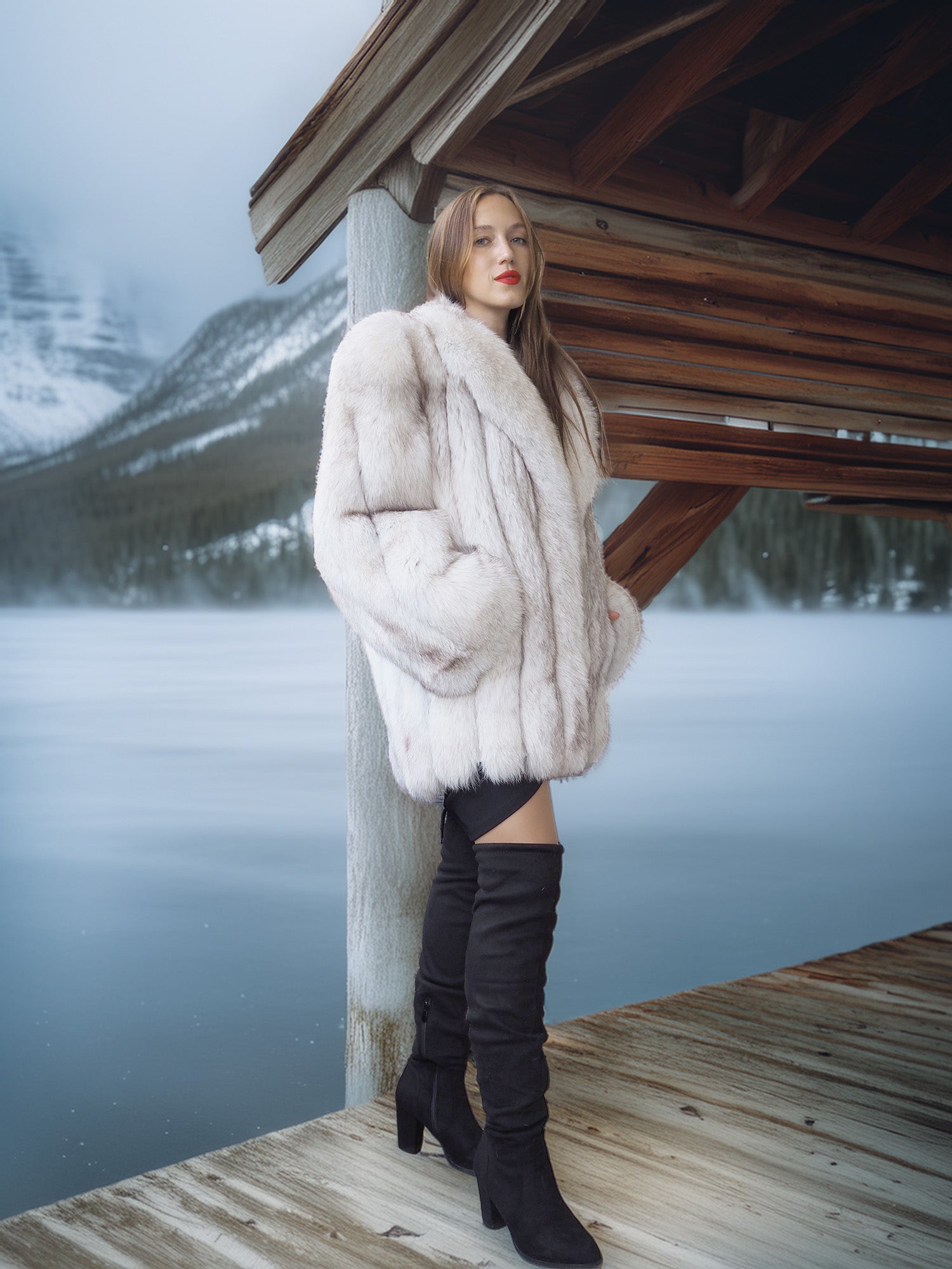 "Ice Blossom" – Pale Blue Fox Fur Coat – Shawl Collar & Lavish Volume