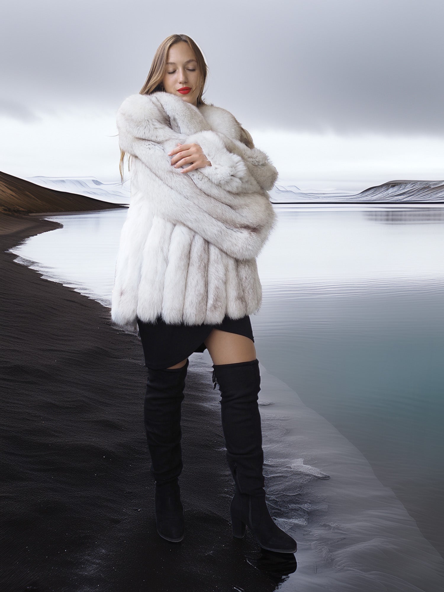 "Ice Blossom" – Pale Blue Fox Fur Coat – Shawl Collar & Lavish Volume