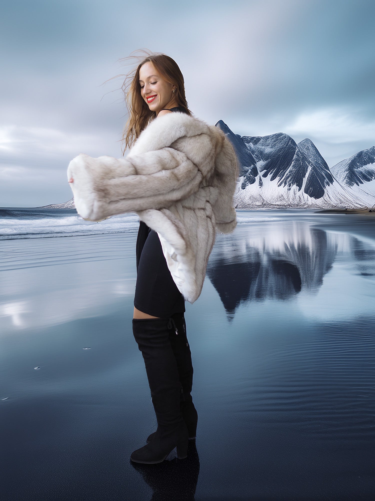 "Ice Blossom" – Pale Blue Fox Fur Coat – Shawl Collar & Lavish Volume