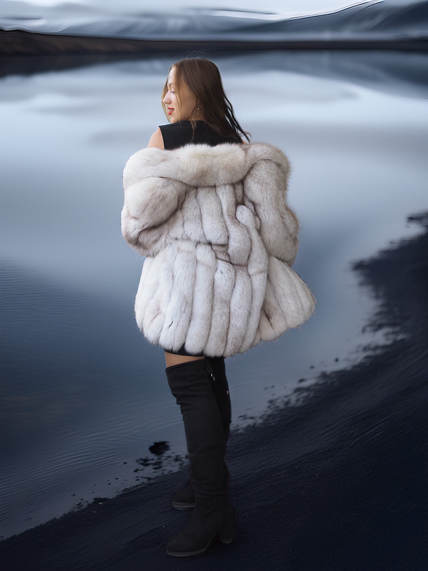 "Ice Blossom" – Pale Blue Fox Fur Coat – Shawl Collar & Lavish Volume