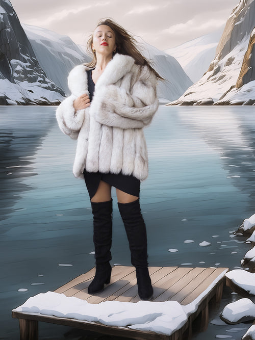 "Ice Blossom" – Pale Blue Fox Fur Coat – Shawl Collar & Lavish Volume