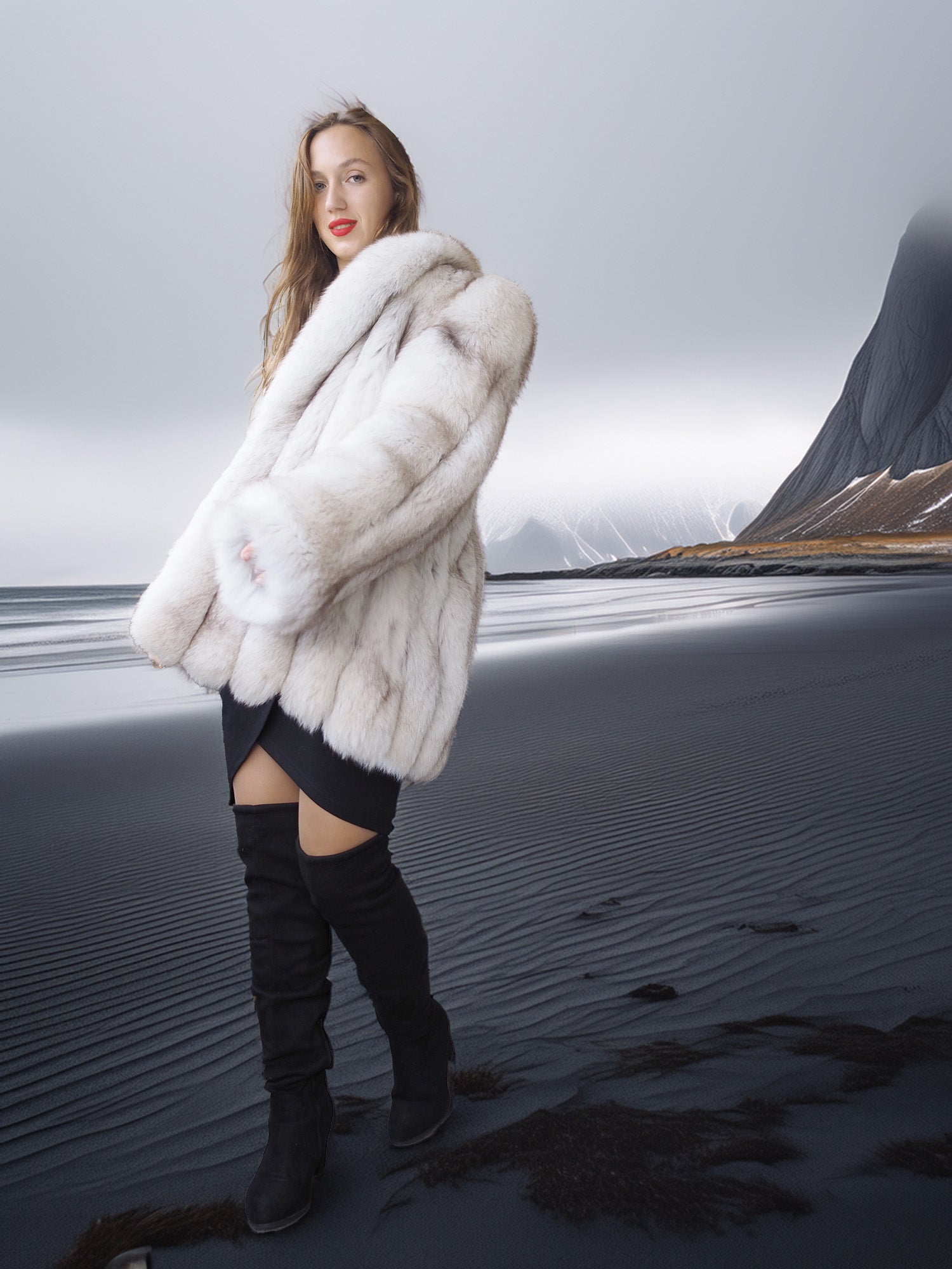 "Ice Blossom" – Pale Blue Fox Fur Coat – Shawl Collar & Lavish Volume