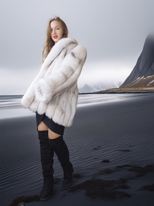 "Ice Blossom" – Pale Blue Fox Fur Coat – Shawl Collar & Lavish Volume