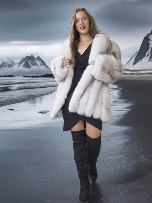 "Ice Blossom" – Pale Blue Fox Fur Coat – Shawl Collar & Lavish Volume