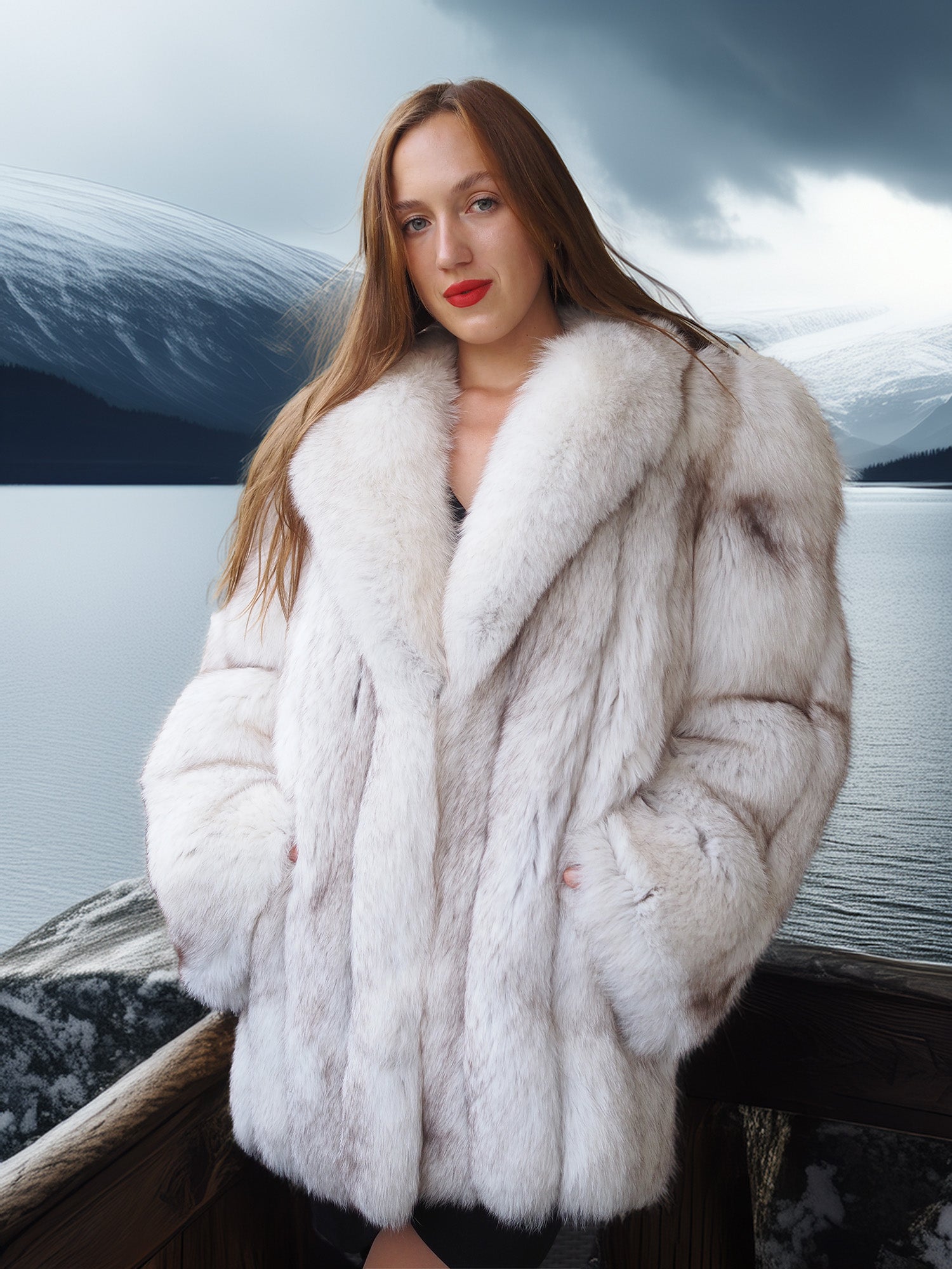 "Ice Blossom" – Pale Blue Fox Fur Coat – Shawl Collar & Lavish Volume
