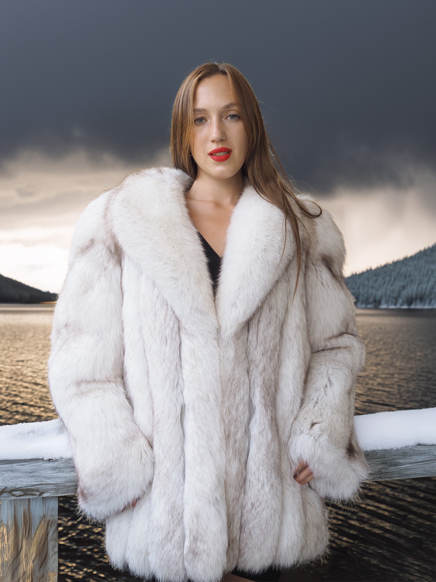 "Ice Blossom" – Pale Blue Fox Fur Coat – Shawl Collar & Lavish Volume