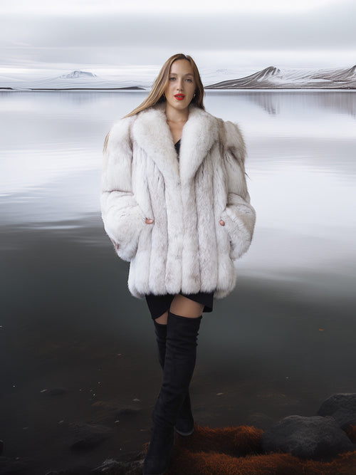 "Ice Blossom" – Pale Blue Fox Fur Coat – Shawl Collar & Lavish Volume