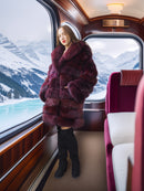 Woman in a fur coat standing by a train window with snowy mountains outside