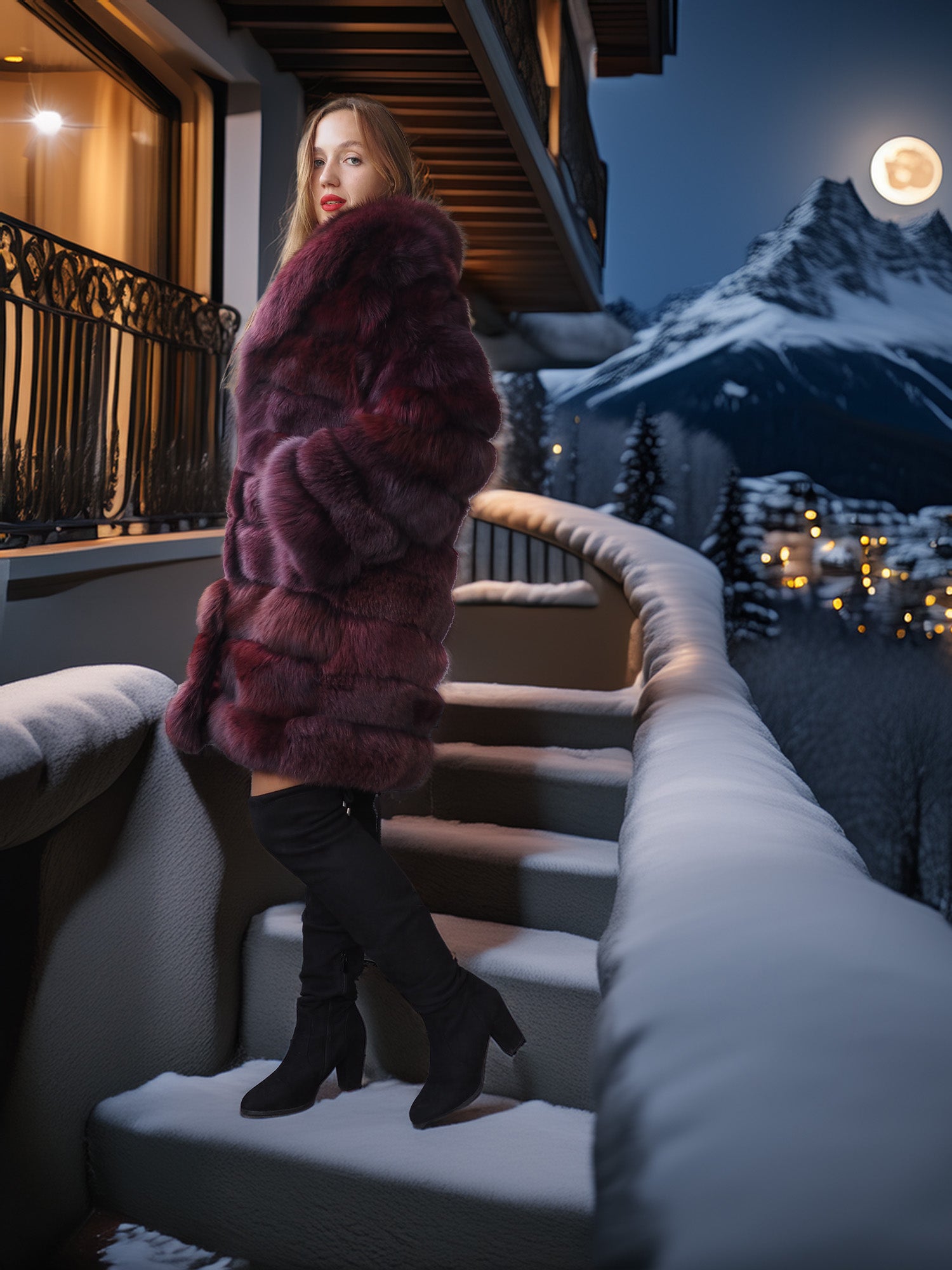 Woman in a fur coat standing on snow-covered steps with a mountainous background at night.