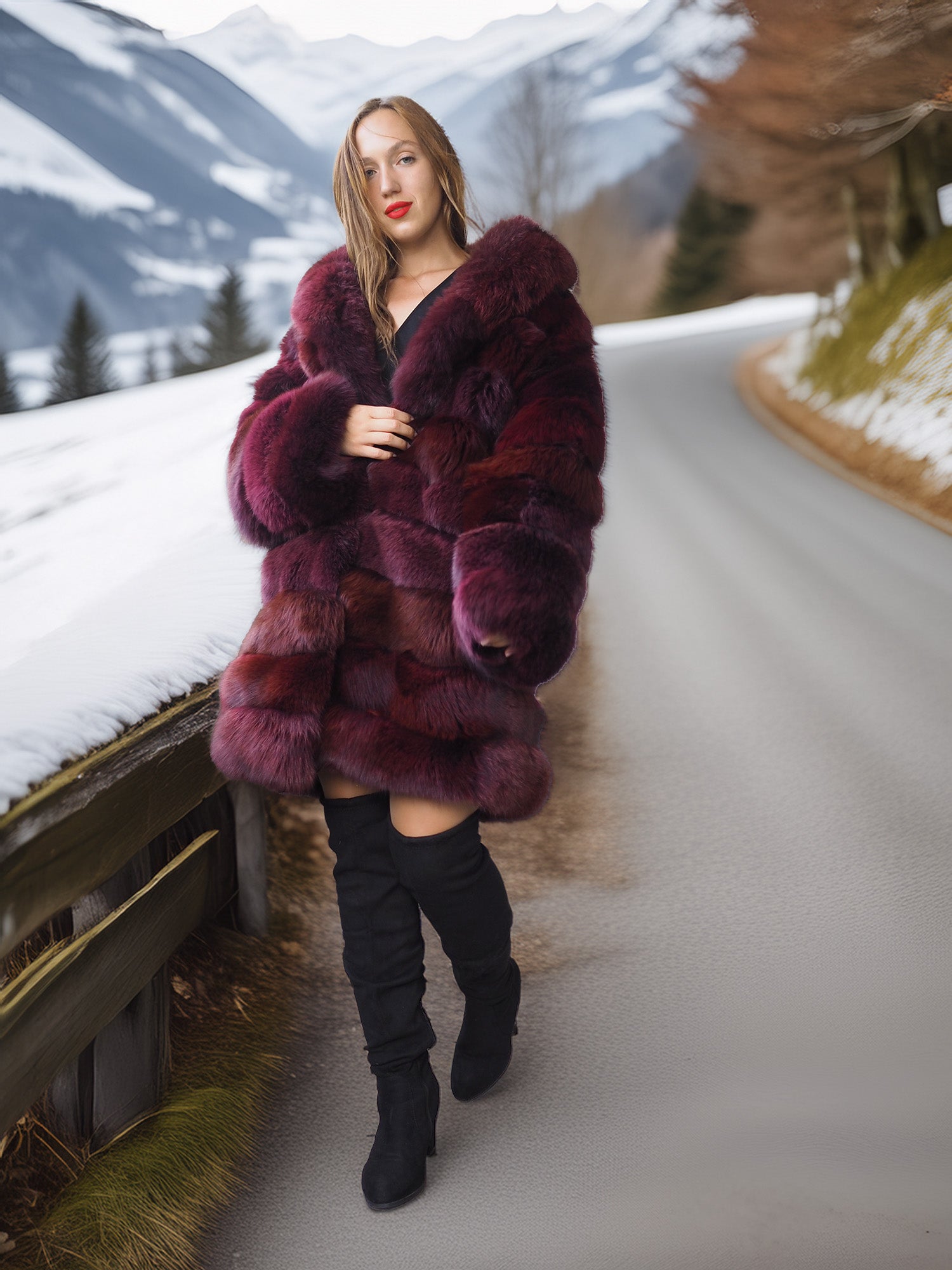 Woman in a purple fur coat standing on a snowy road with mountains in the background