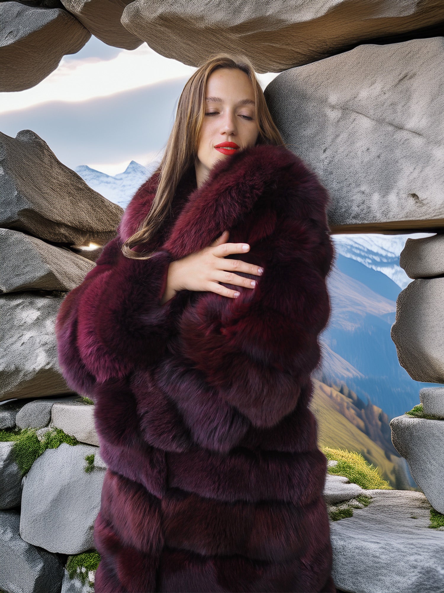 Woman wearing a fur coat standing in a mountainous landscape with stacked stones.