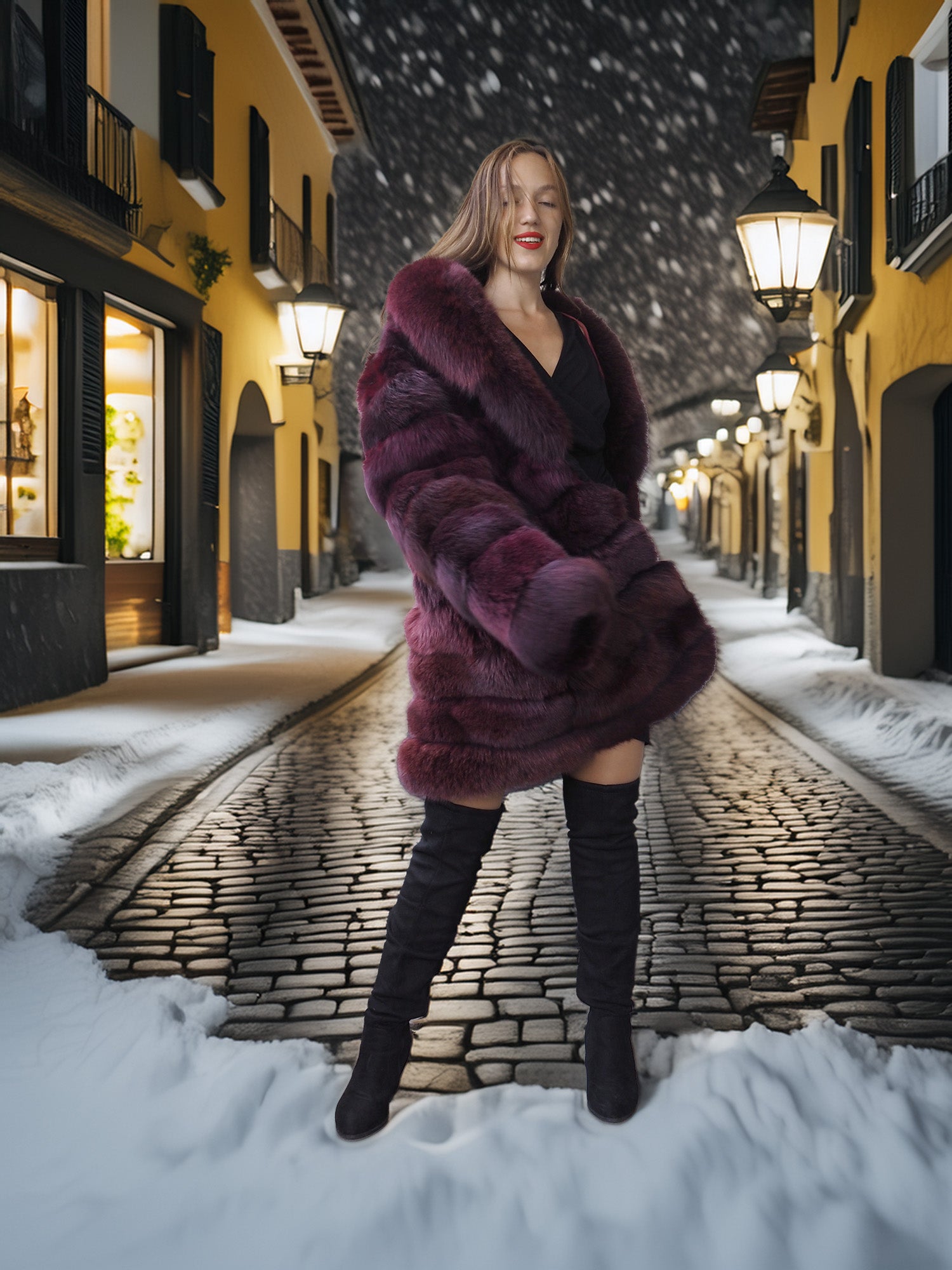 Woman in a fur coat standing on a snowy street at night.