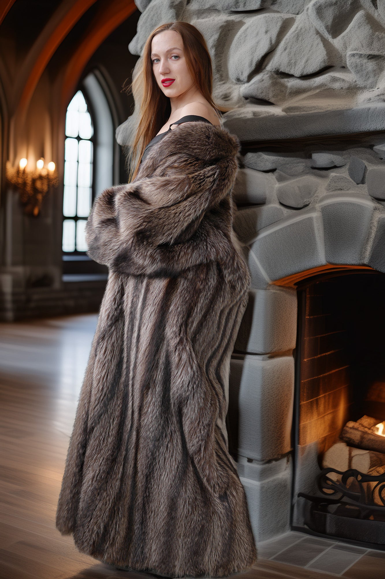 Woman wearing a fur coat standing in front of a stone fireplace.