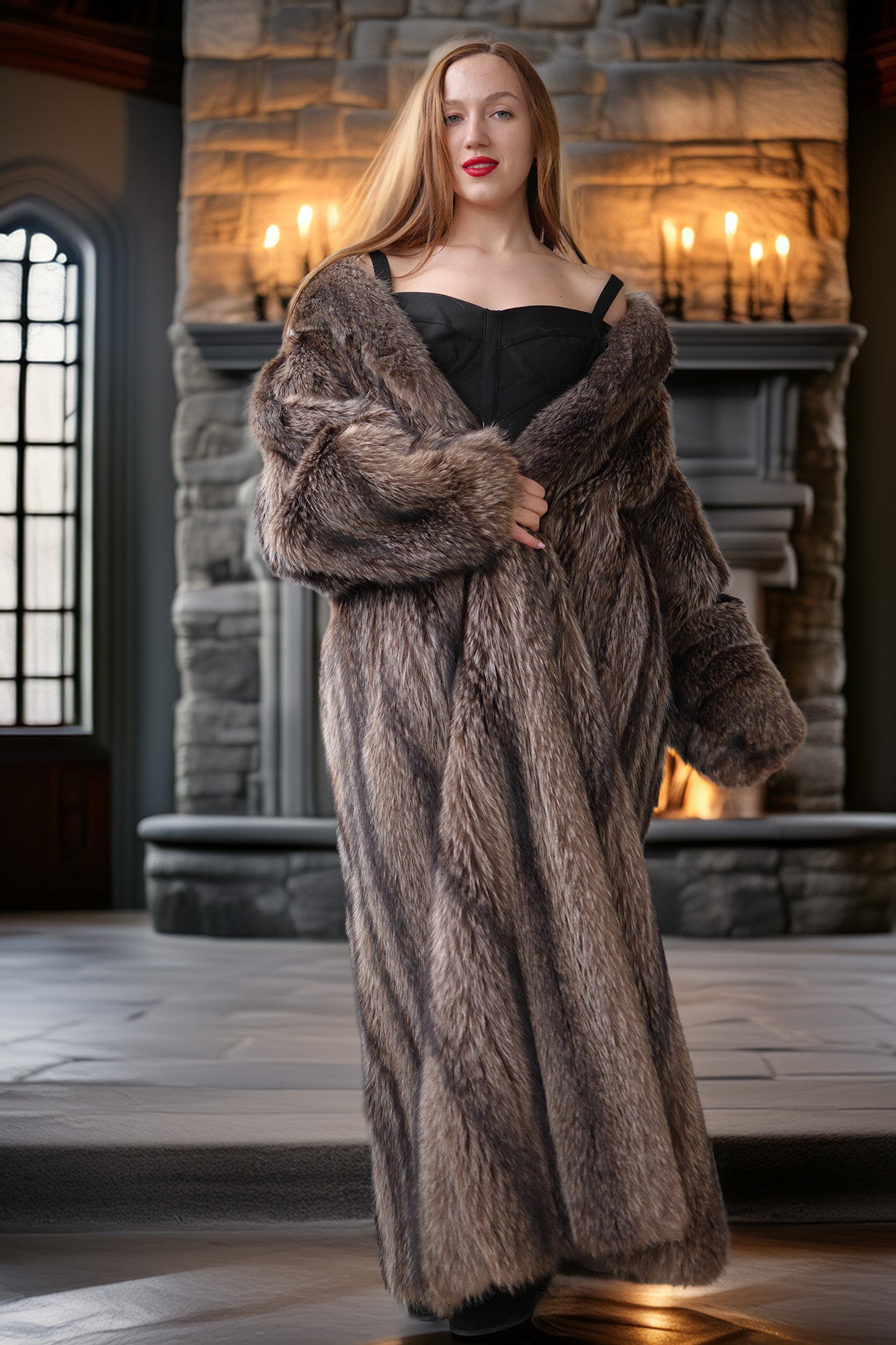 Woman wearing a fur coat and dress in a room with stone walls and candles.